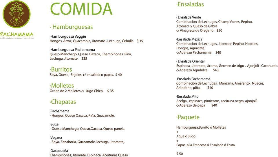 Menu at Pachamama Vegetariano restaurant, Mexico City