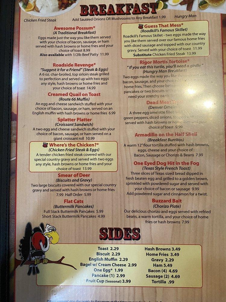 Menu at The Roadkill Cafe/O.K. Saloon, Seligman