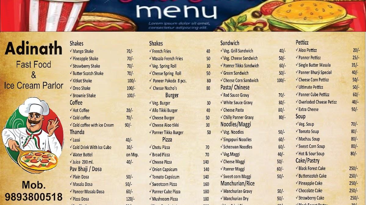 Adhinath fast food & ice Cream Parlor menu