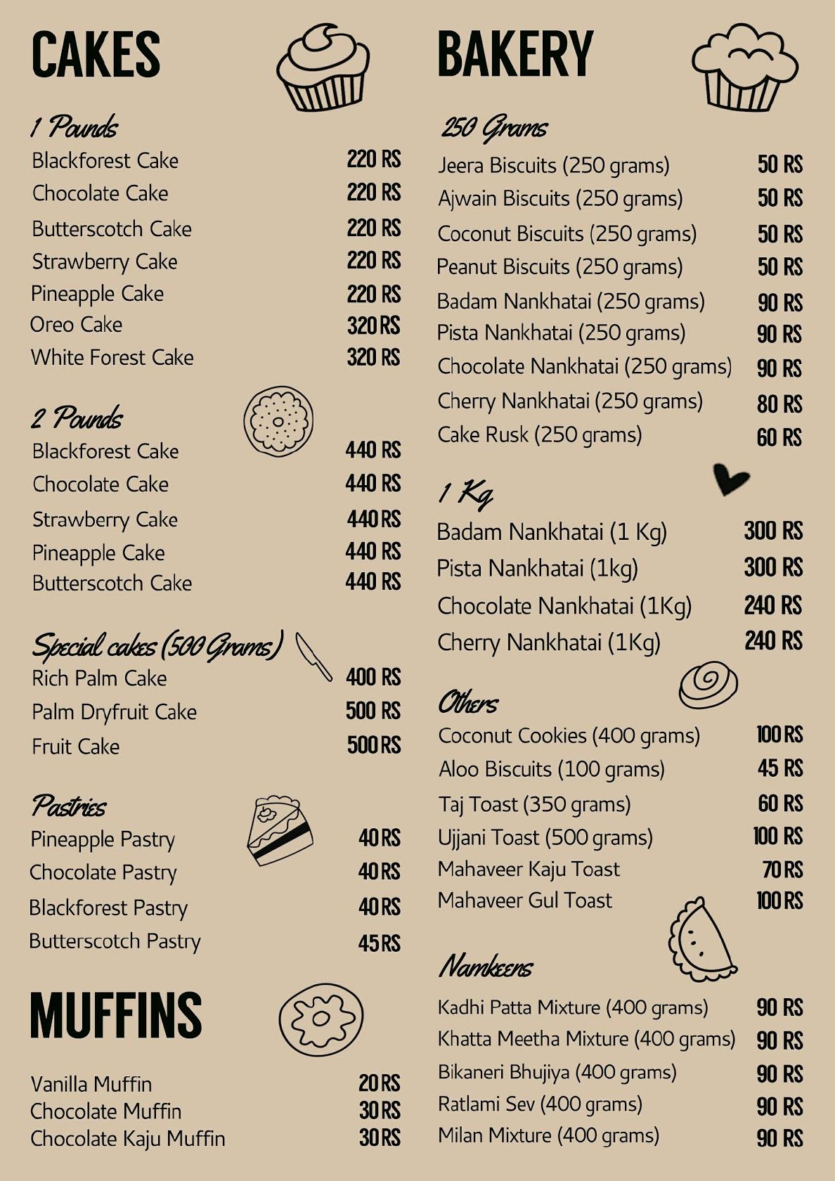 Sonal Bakers menu