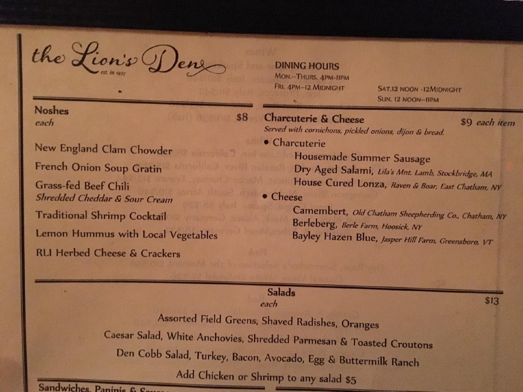 Menu at The Lion's Den pub & bar, Stockbridge