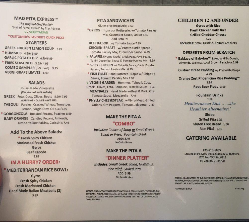 Menu at Mad Pita Express restaurant, St.
