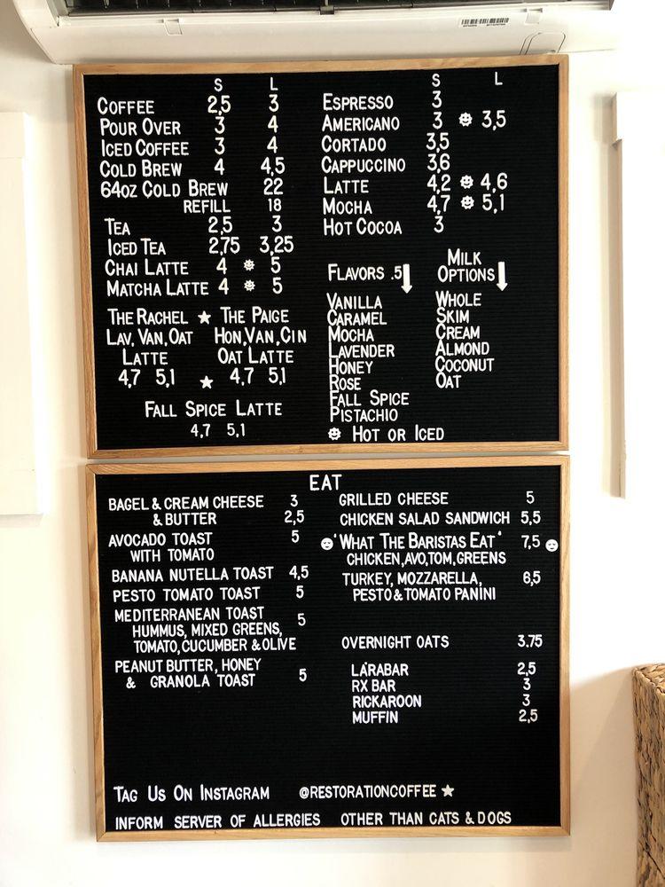 Carta del café Restoration Coffee, East Bridgewater