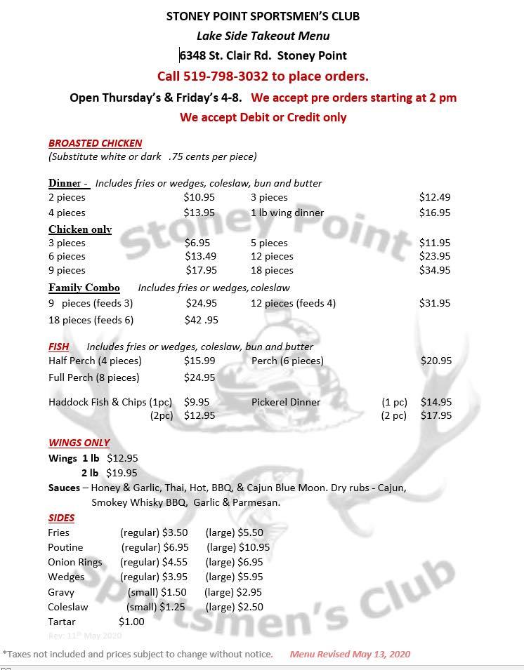 Menu at Stoney Point Sportsmen's Club, Lakeshore