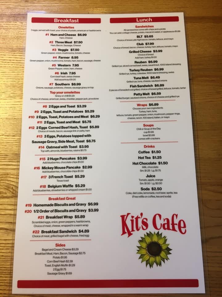 Menu at Kits Cafe, Bancroft