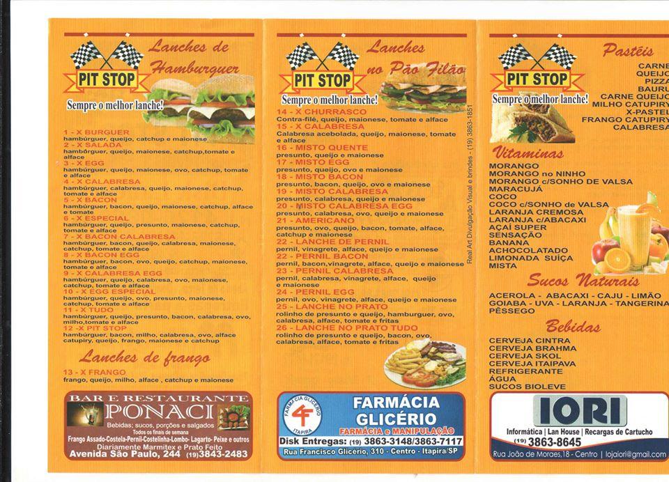 Pit Stop Itapira SP cardápio