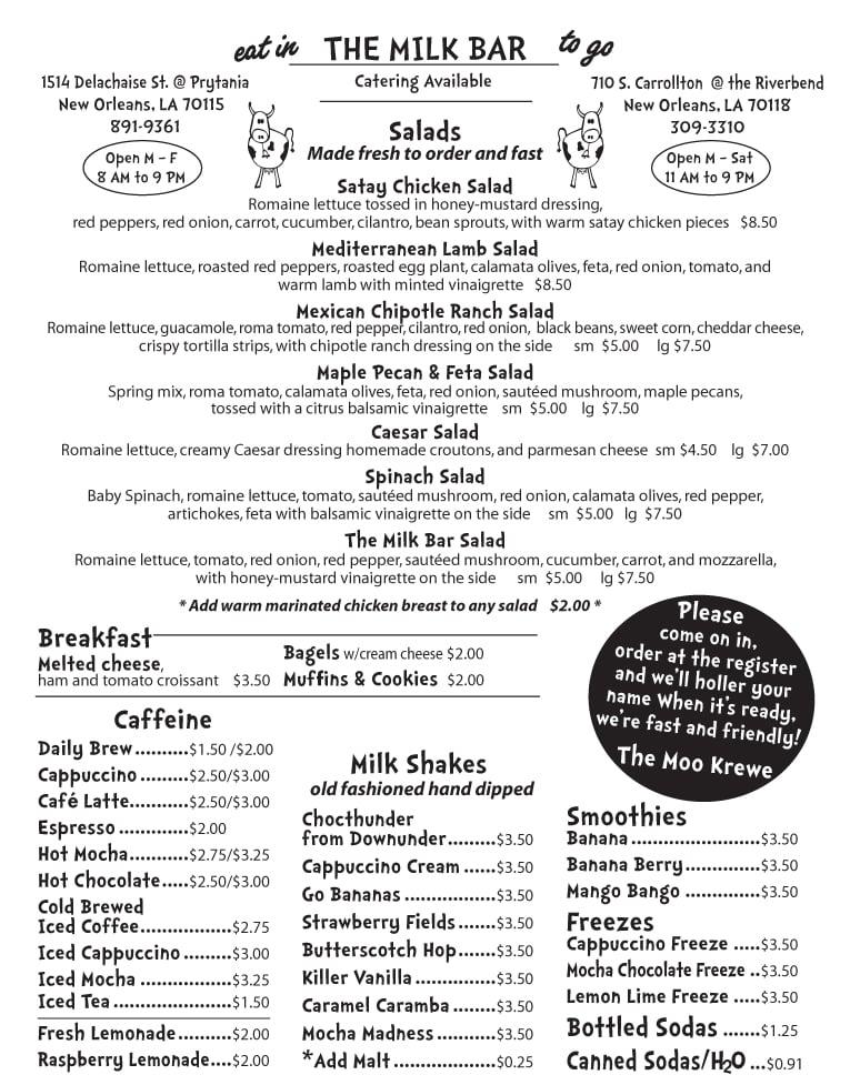Menu at The Milk Bar, New Orleans, 710 S Carrollton Ave