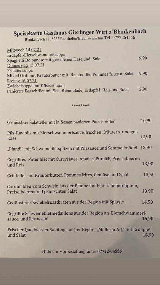 Speisekarte von Wirt z' Blankenbach restaurant, Braunau am Inn