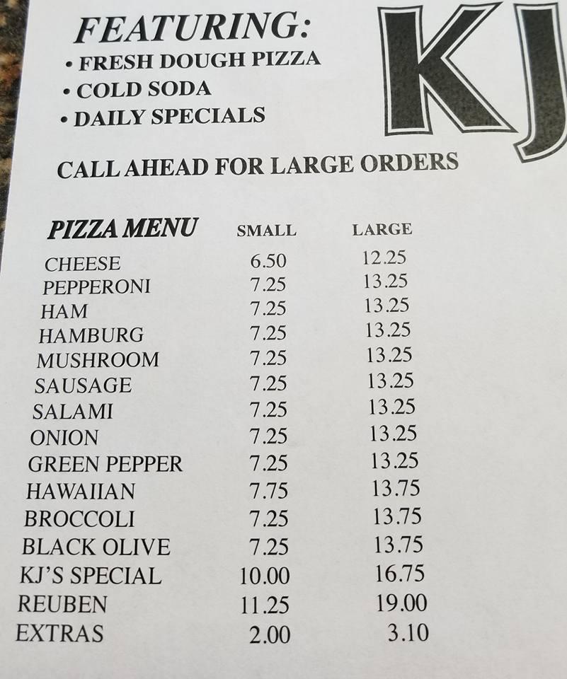 Menu at KJs pizzeria, Bridgton