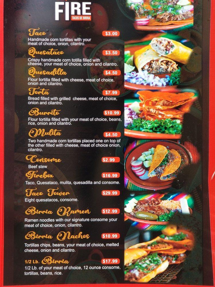 Menu at Fire Tacos de Birria restaurant, Kent