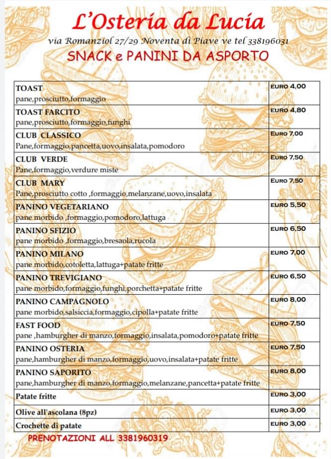 Menu di L'Osteria da Lucia pizzeria cucina tradizionale 