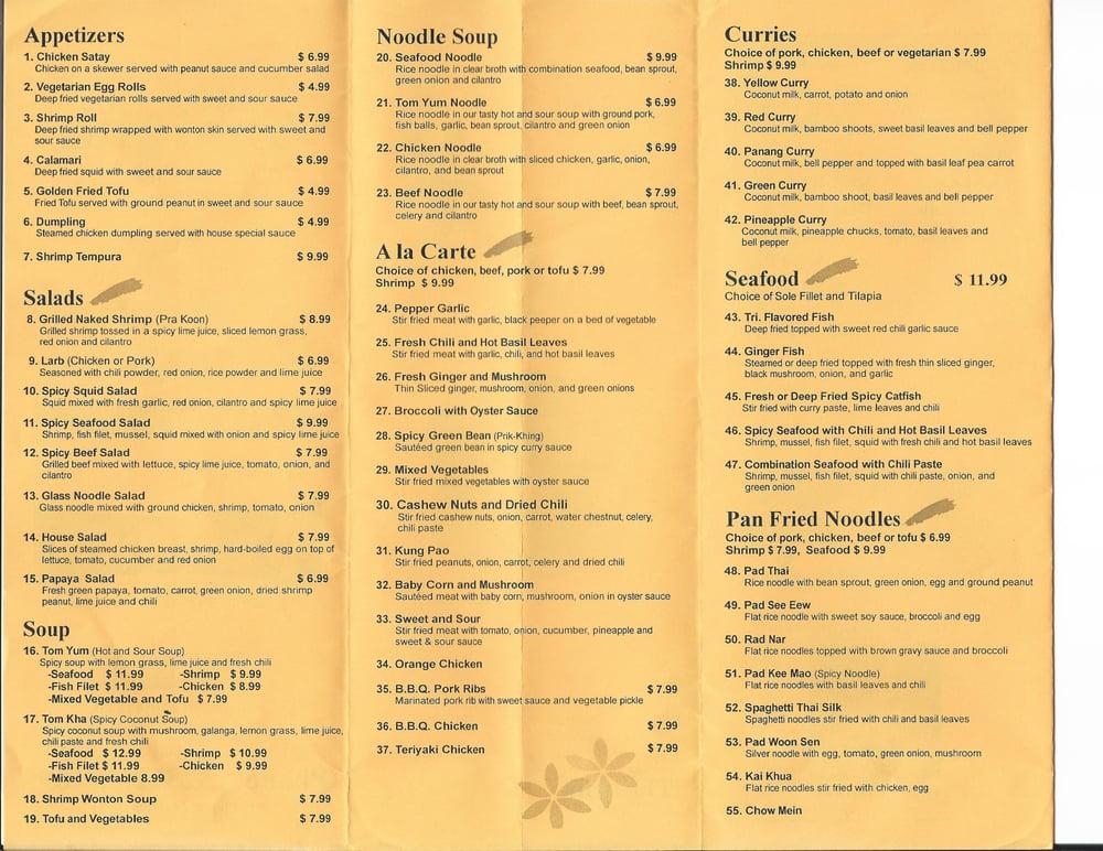 Menu at Thai Silk Express. restaurant, Los Angeles