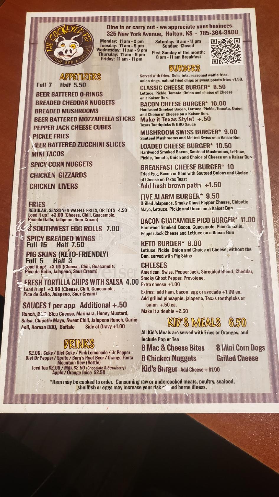 Menu at The Cockeyed Pig Dive Bar and Grille, Holton
