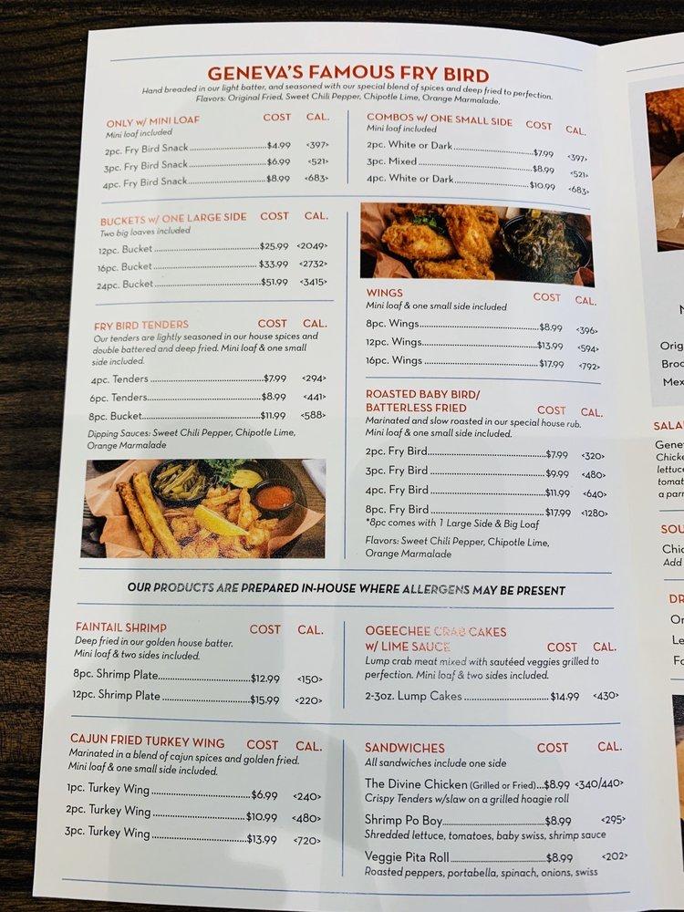 Menu at Geneva's Famous Chicken and Cornbread Co. restaurant, Savannah
