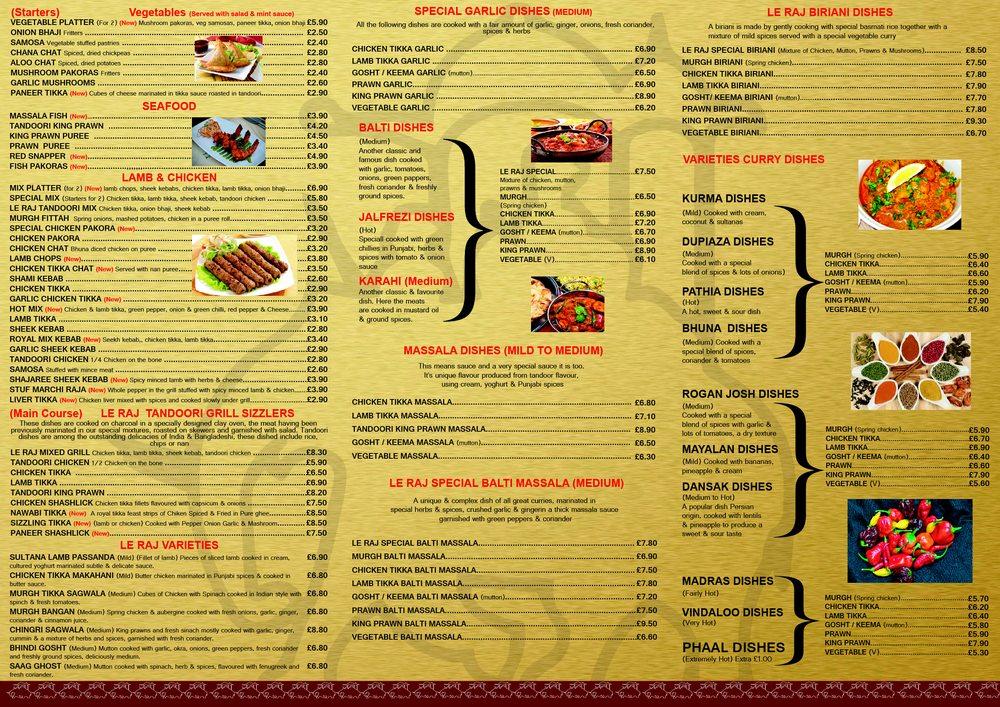 Menu at Le Raj restaurant, Selby