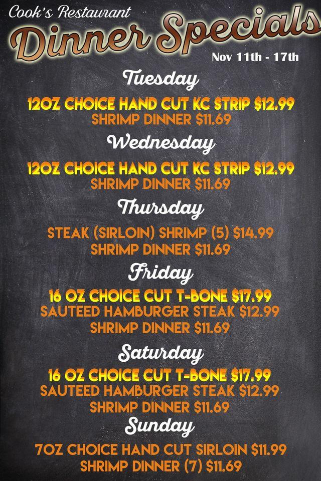 Menu at Cook's Restaurant, Clovis