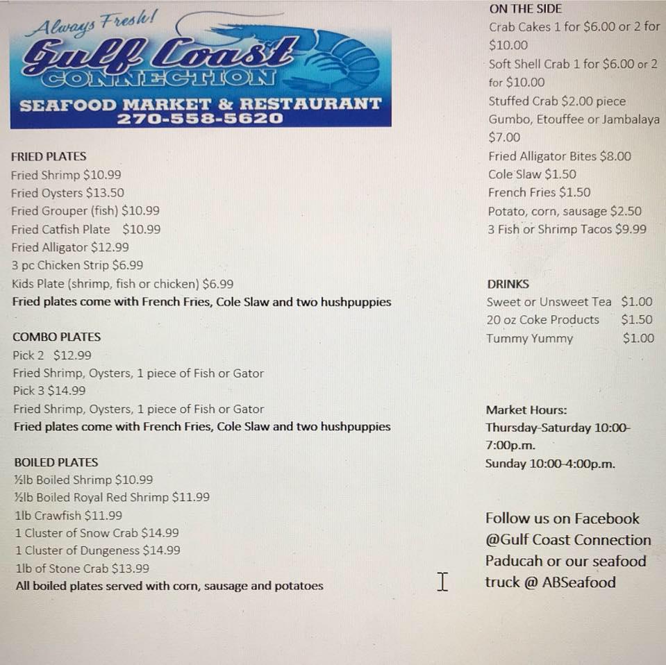 Menu at Gulf Coast Connection Seafood Market and Restaurant, Paducah