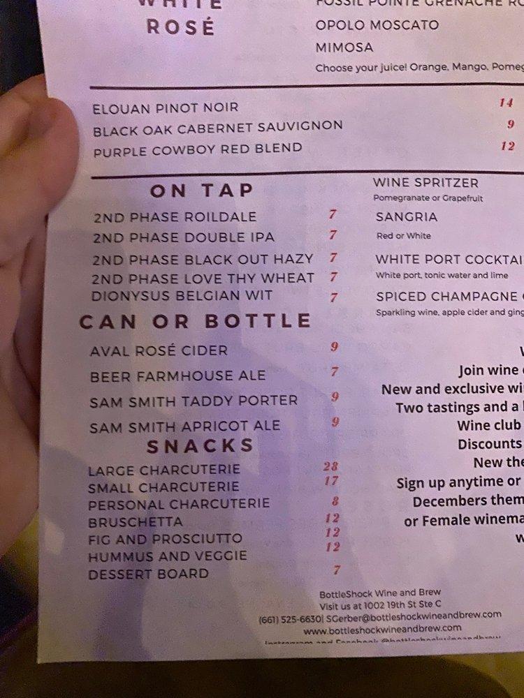Menu at BottleShock Wine and Brew pub & bar, Bakersfield