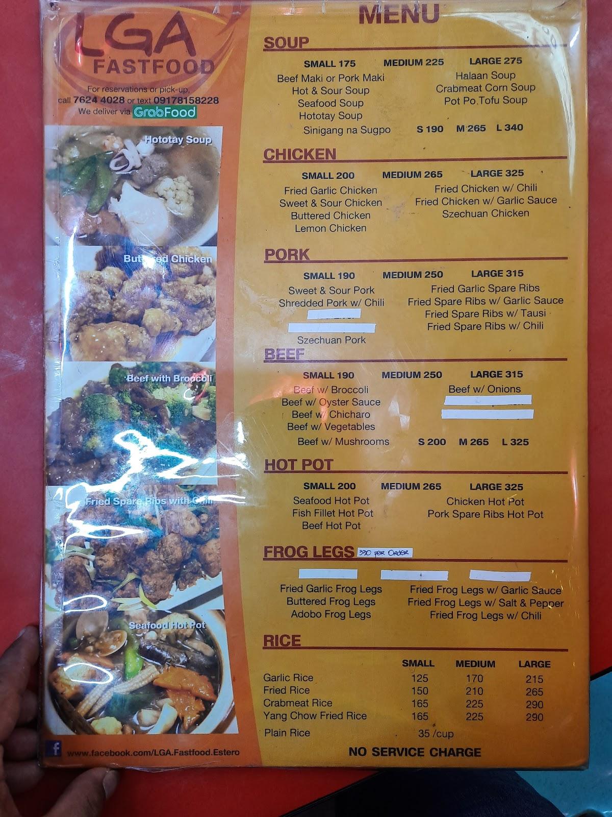 Menu at Estero Fastfood restaurant, Manila