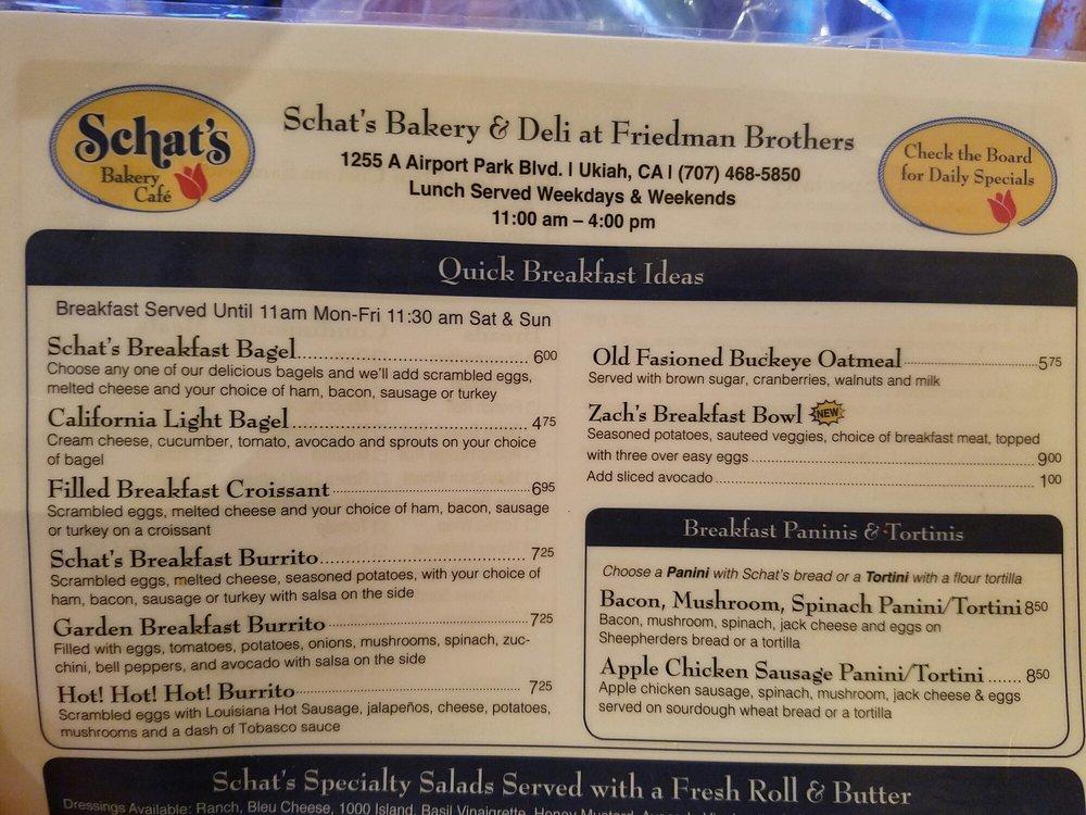 Menu at Schat's Bakery Cafe at Friedman Brothers Home Improvement, Ukiah