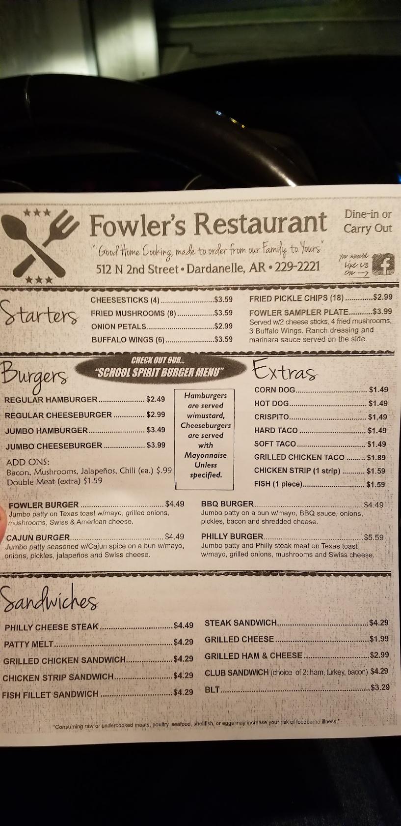 Menu at Fowlers Restaurant, Dardanelle