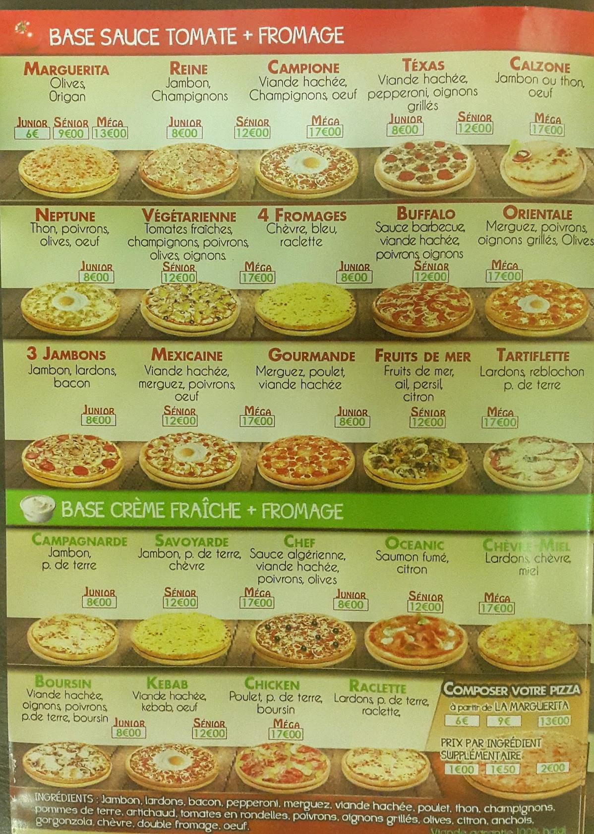 Carta de pizzería Pizza Rif, Reims