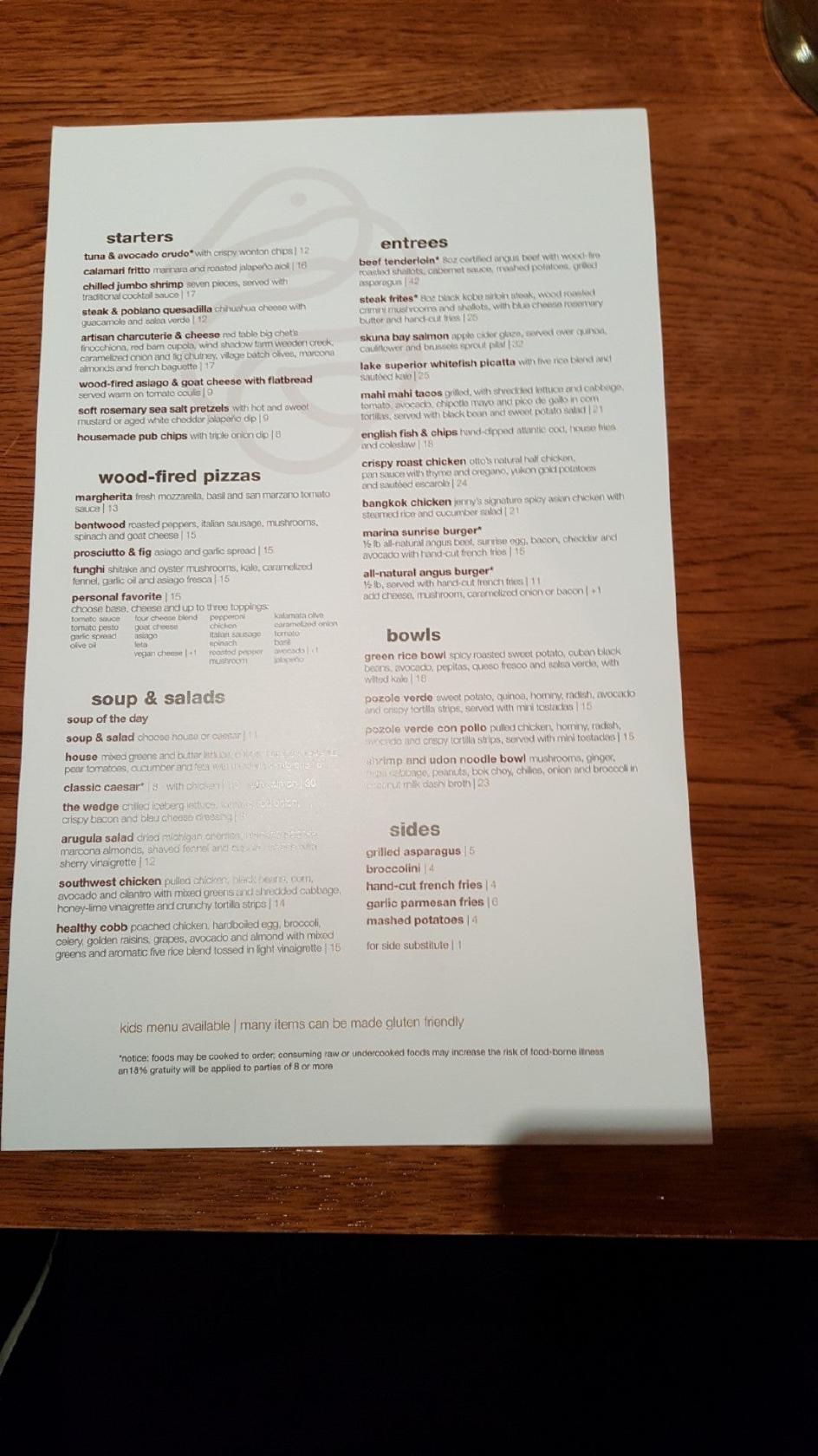 Menu at Bentwood Tavern restaurant, New Buffalo