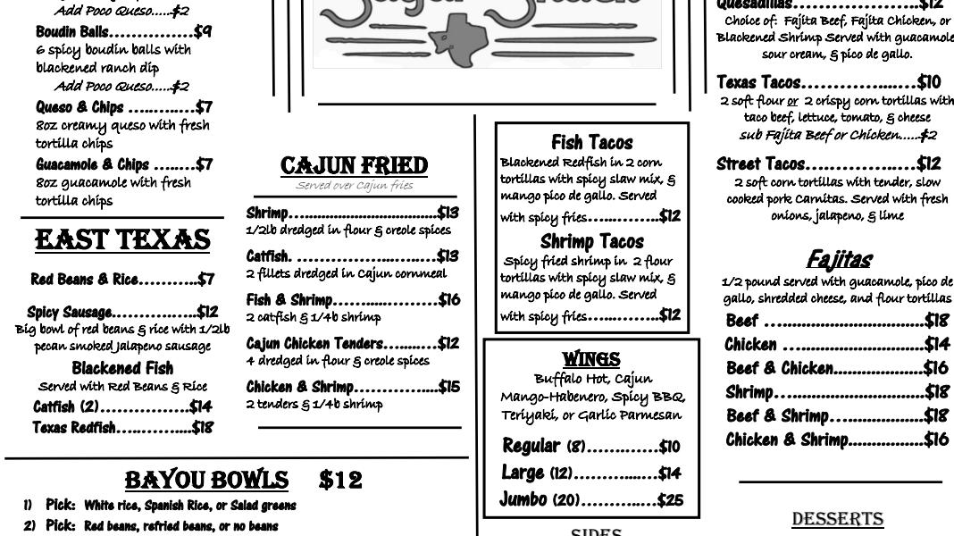 Menu at The Sugar Shack restaurant, Sugar Land