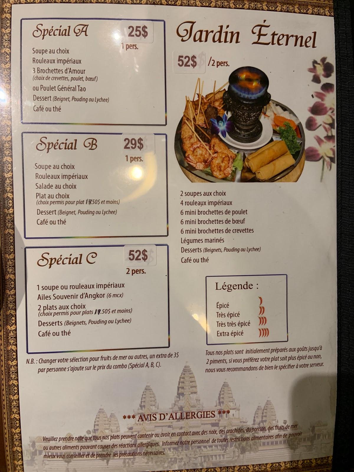 Menu au Restaurant Souvenir D'Angkor, Repentigny