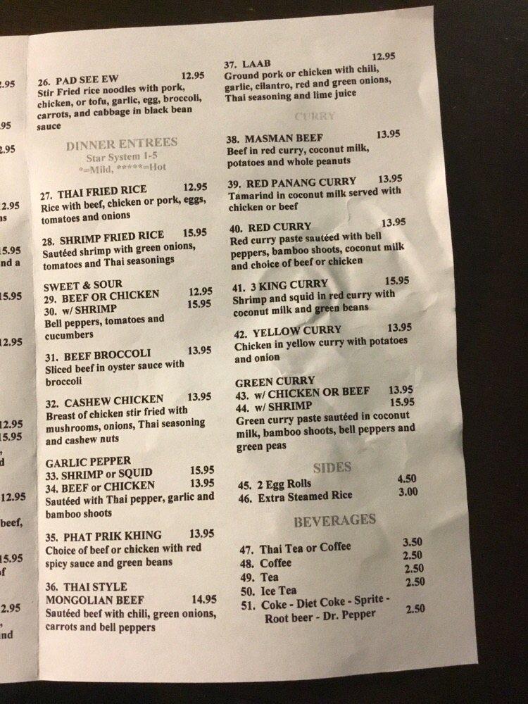 Menu at Thai Town restaurant, Kenai