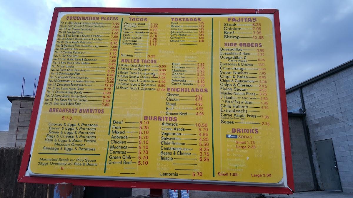 Menu at Alfonso's Mexican Food restaurant, Chino Valley, AZ89