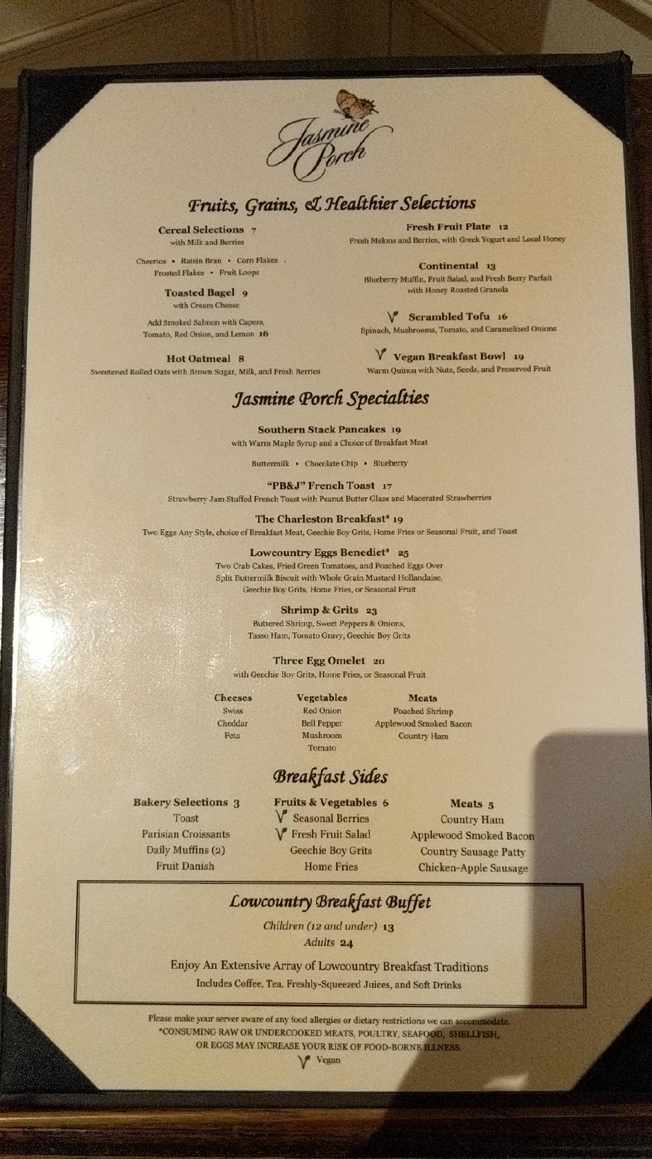 Menu at Jasmine Porch at The Sanctuary steakhouse, Kiawah Island