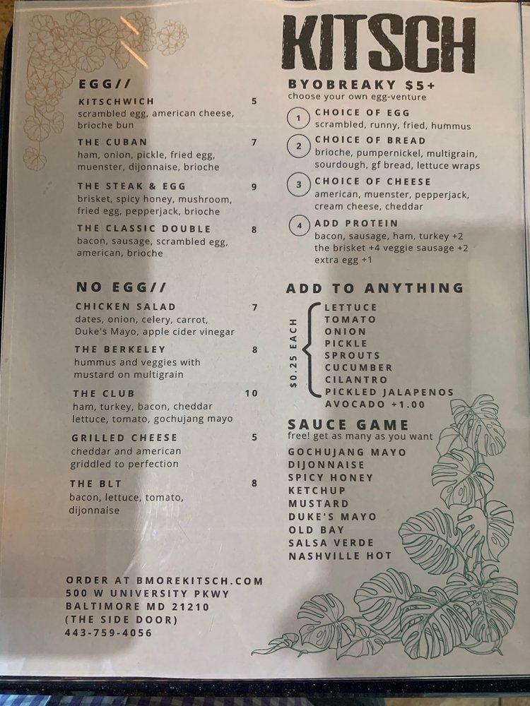 Menu at Kitsch pub & bar, Baltimore