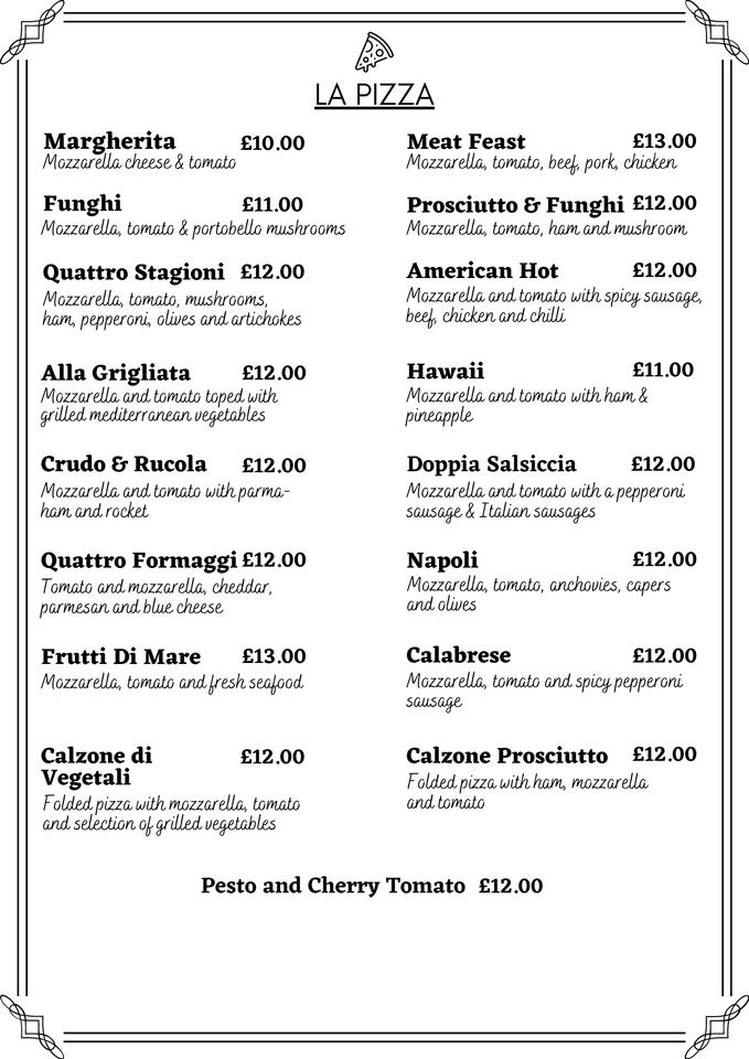 Menu at Pavarottis restaurant, Shanklin