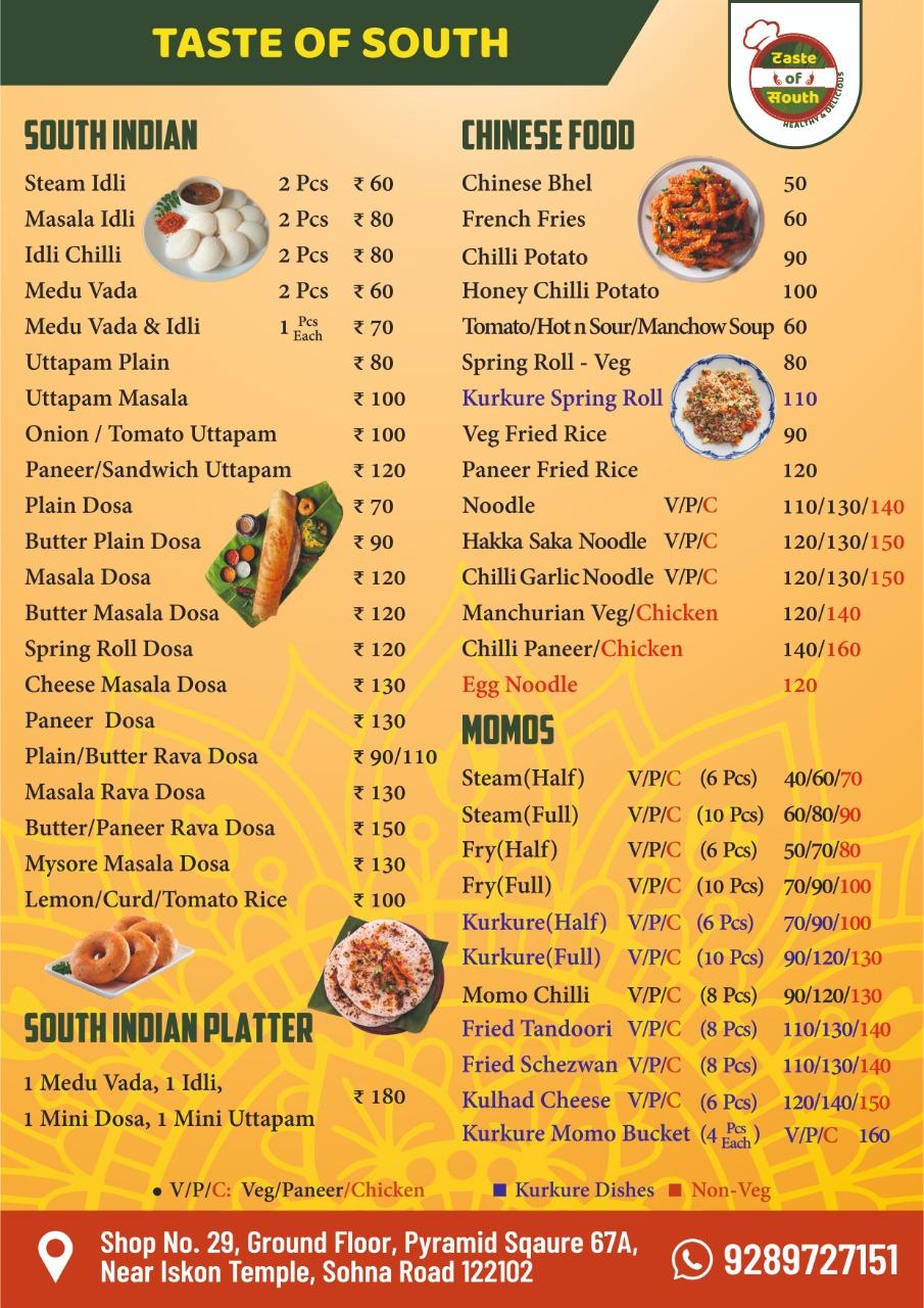 Menu at Taste of South, Gurugram