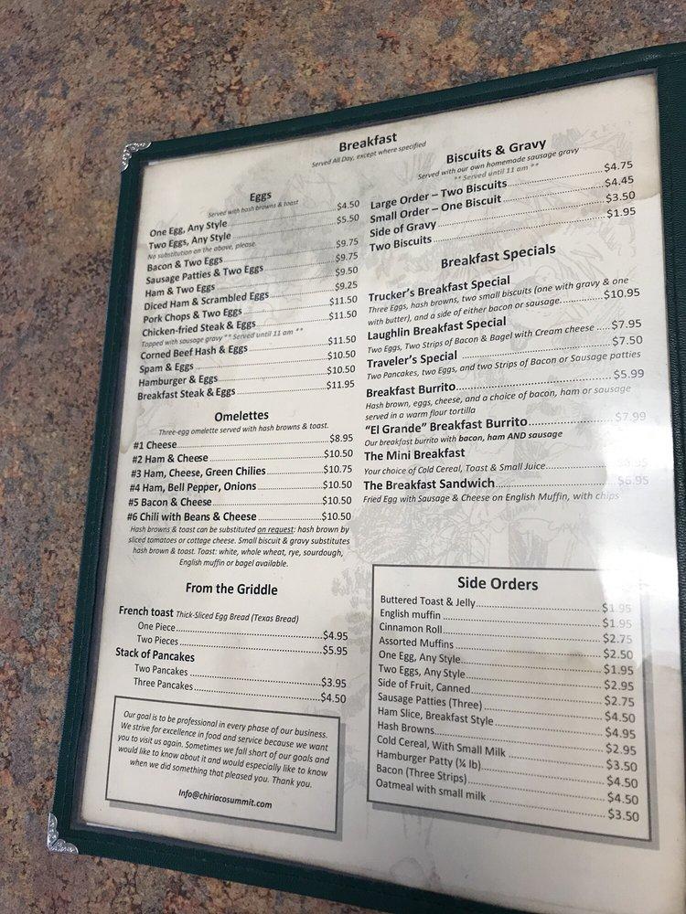 Menu at Chiriaco Summit Restaurant, Chiriaco Summit