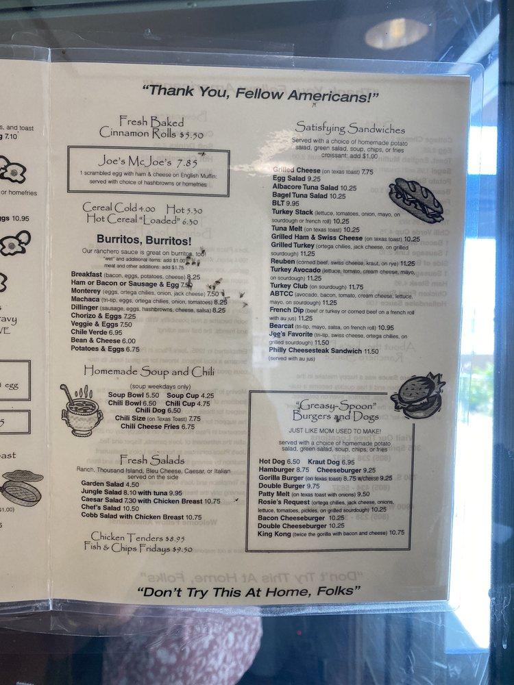 Menu at Joe's OneNiner Diner restaurant, Paso Robles