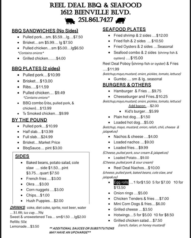 Menu at Reel Deal BBQ & Seafood, Dauphin Island
