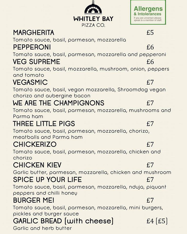 Menu at Whitley Bay Pizza Co pizzeria, England