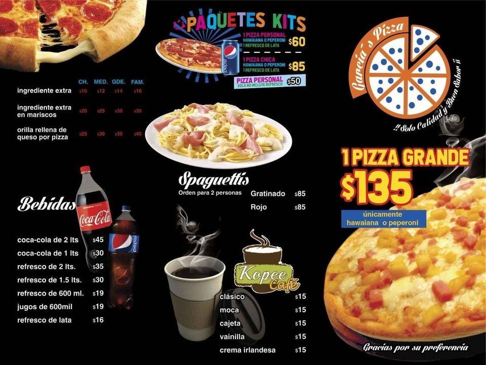 Menu at Garcia's pizza restaurant, Ecatepec de Morelos