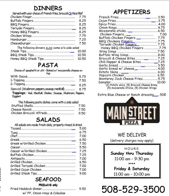 Menu at Main Street Pizza pizzeria, Upton
