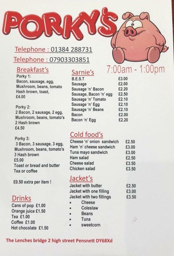 Menu at Porky's Cafe, Dudley