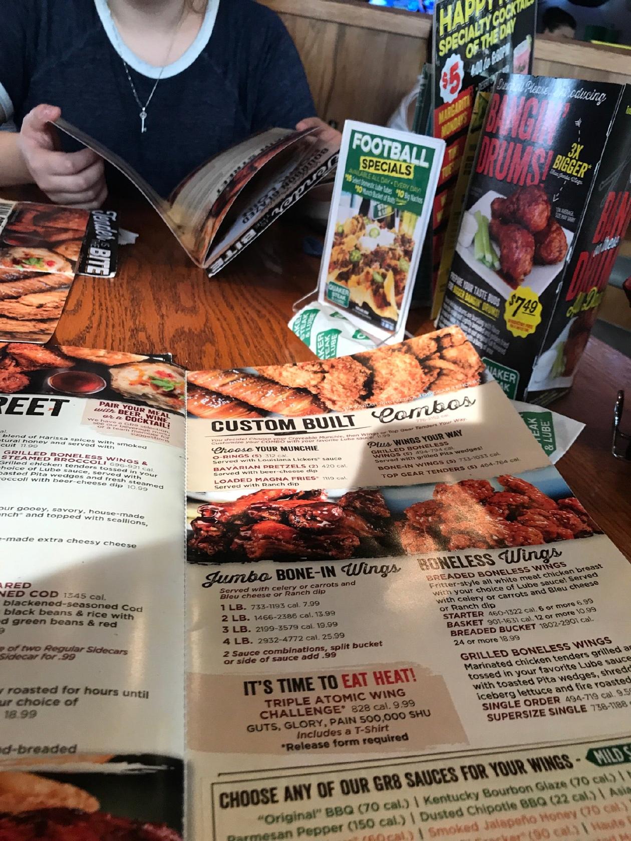 Menu at Quaker Steak & Lube steakhouse, Robinson Township, 110 Andrew Dr
