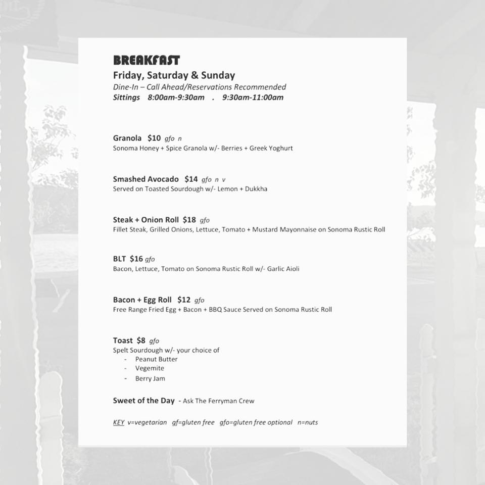 Menu at The Ferryman restaurant, Davistown