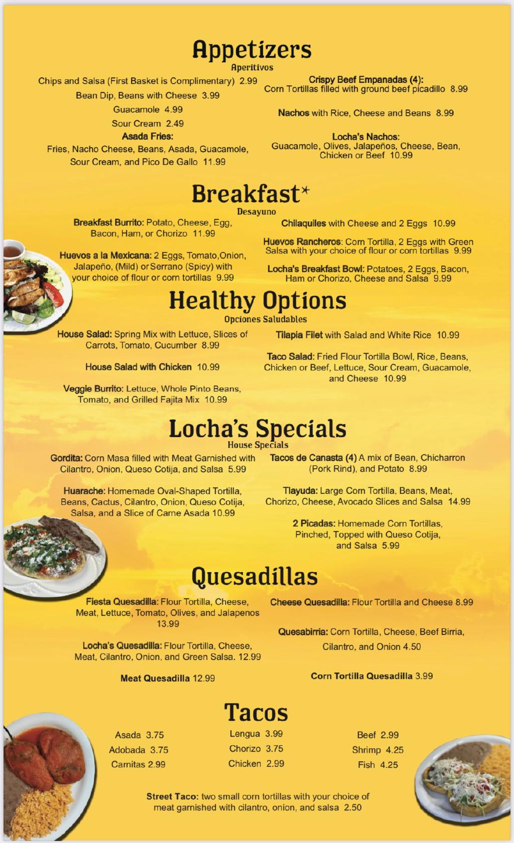 Menu at Locha's Mexican Restaurant, Fortuna