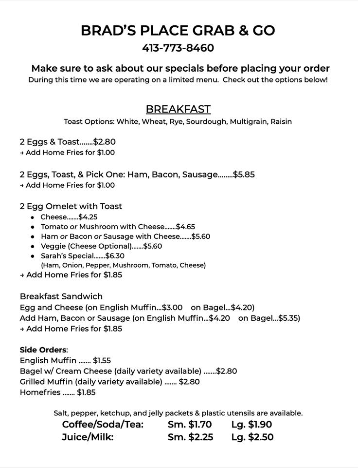 Menu at Brad's Place restaurant, Greenfield