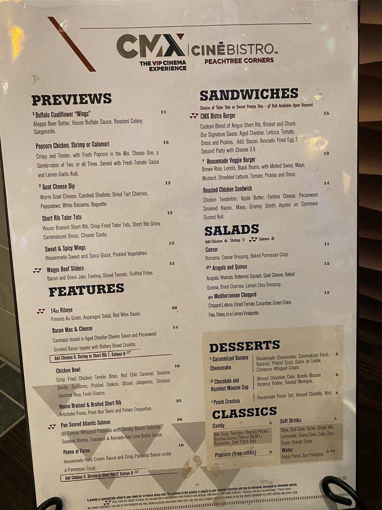 Menu at CMX CinéBistro Peachtree Corners restaurant, Peachtree Corners