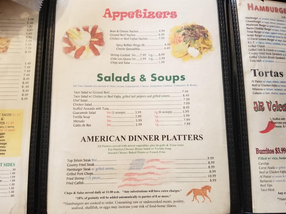 Menu at El Corral Lozano restaurant, Taylor