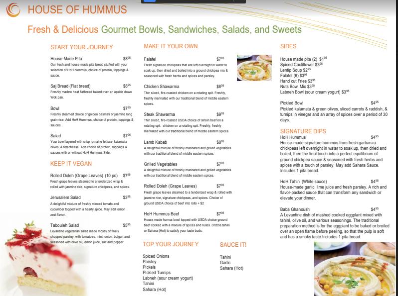 Menu at House of Hummus restaurant, Kissimmee