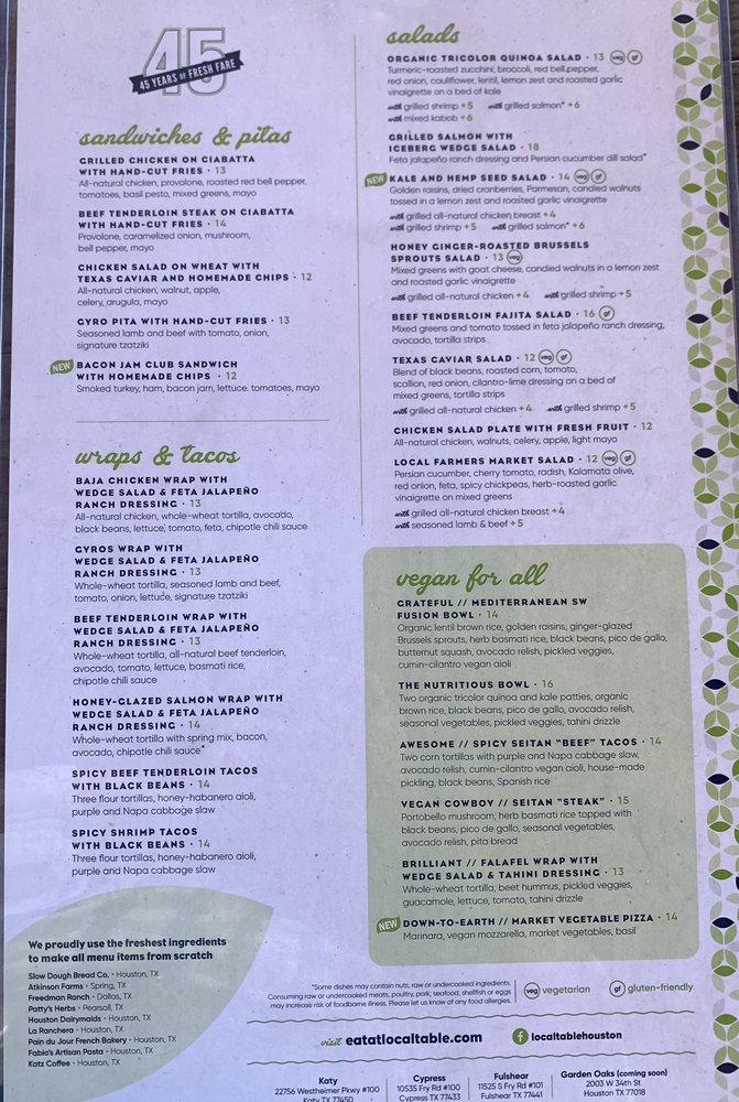 Carta del restaurante local table fulshear s fry rd suite 101